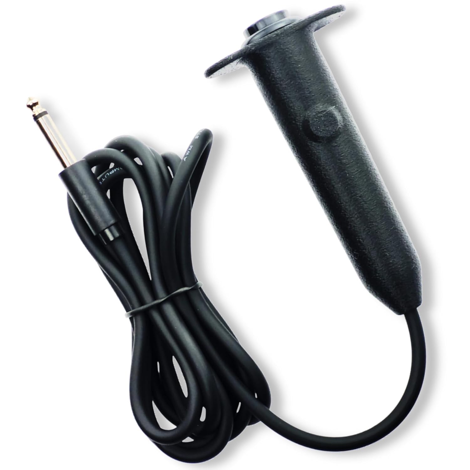 Black handheld audiometer patient response button with coiled cable and 1/4 inch plug